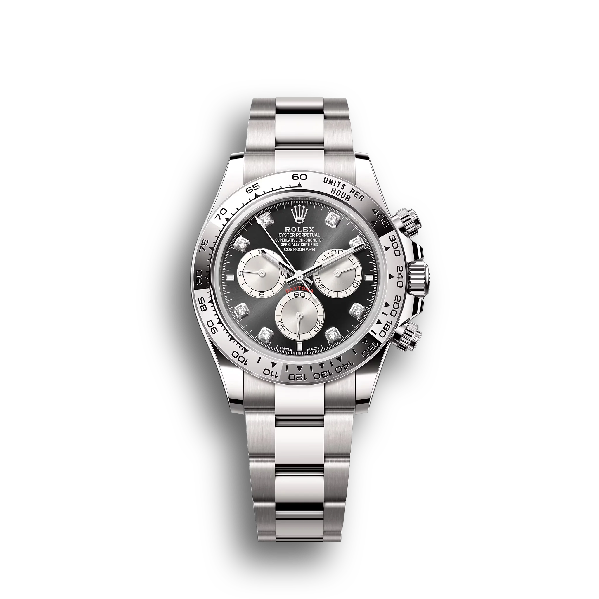 Daytona Cosmograph: Oyster, white gold, bright black and steel, diamond-set dial, Oyster bracelet, m126509-0002
