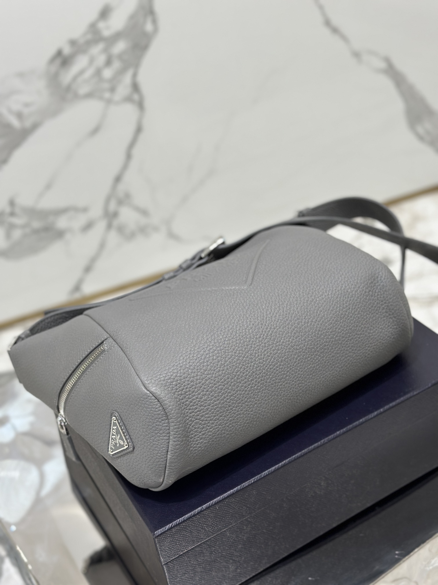 Prada 2VH165 Leather Bag with Shoulder Strap Gray