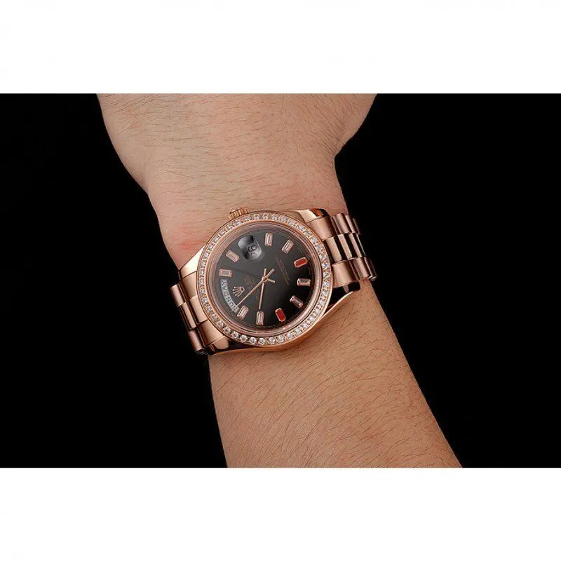Swiss Day-Date Diamonds And Rubies Black Dial Rose Gold Bracelet 1454102