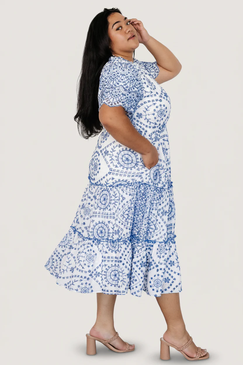 Mirabel Eyelet Midi Dress | White + Blue