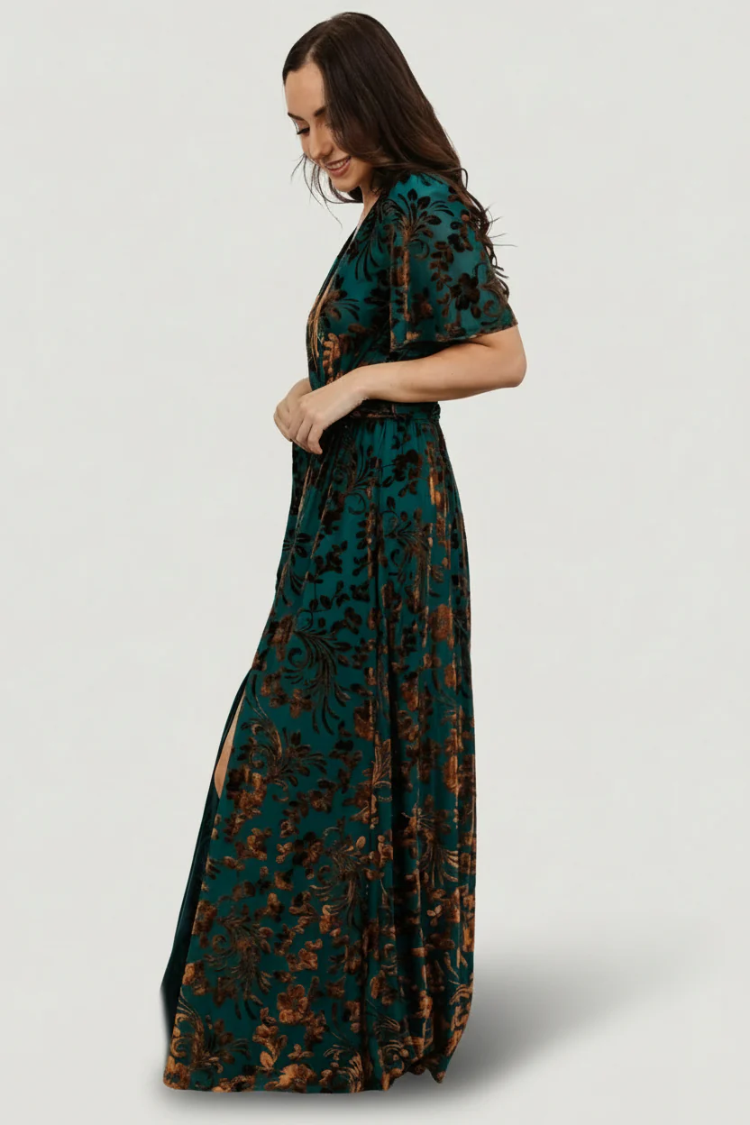 Uma Velvet Maxi Dress | Bronze + Jade