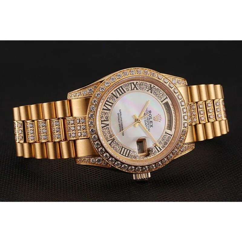 Swiss Day-Date Diamond Pave White Dial Gold Diamond Bracelet 1453958