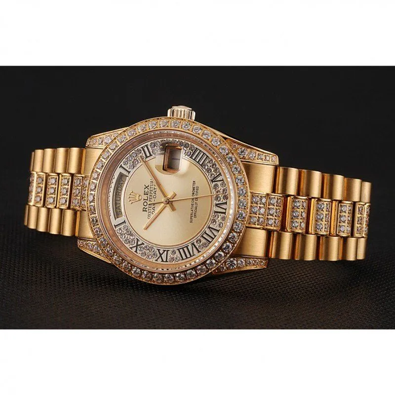 Swiss Day-Date Diamond Pave Gold Dial Gold Diamond Bracelet 1453954
