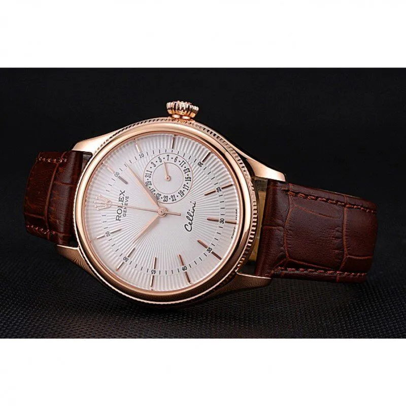Cellini White Rose Dial Gold Case Brown Leather Bracelet 622725