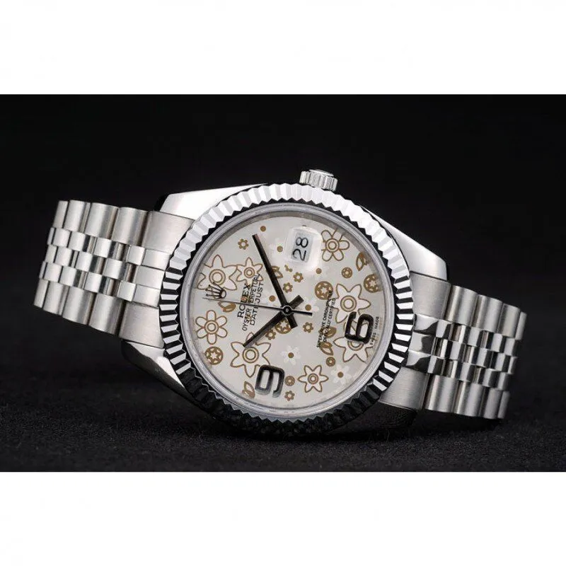 Swiss DateJust Stainless Steel Ribbed Bezel Flower Silver Dial 42001