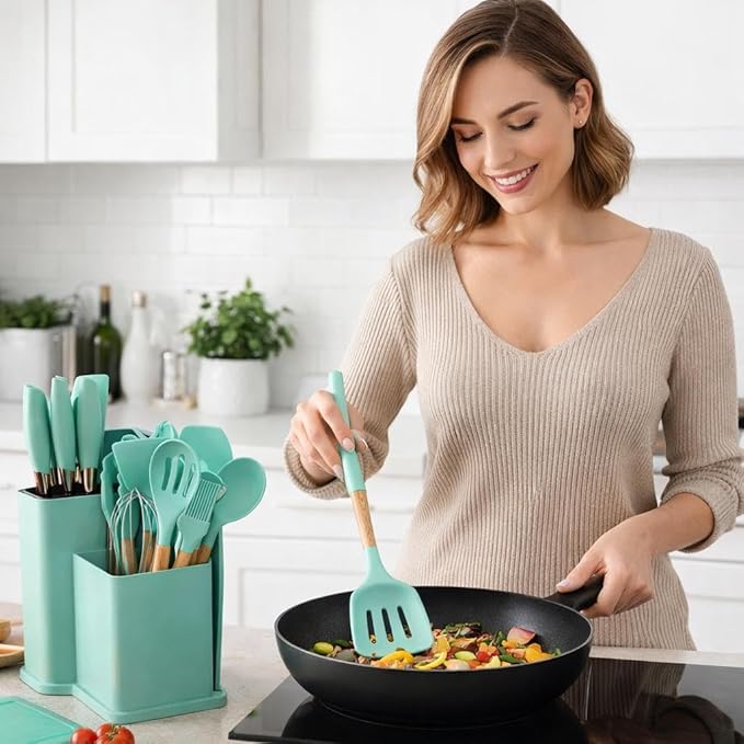 19-Piece Silicone Kitchen Utensil Set with Wooden Handles, Includes Cutting Board and Storage Rack, Cooking Utensils with Storage Rack