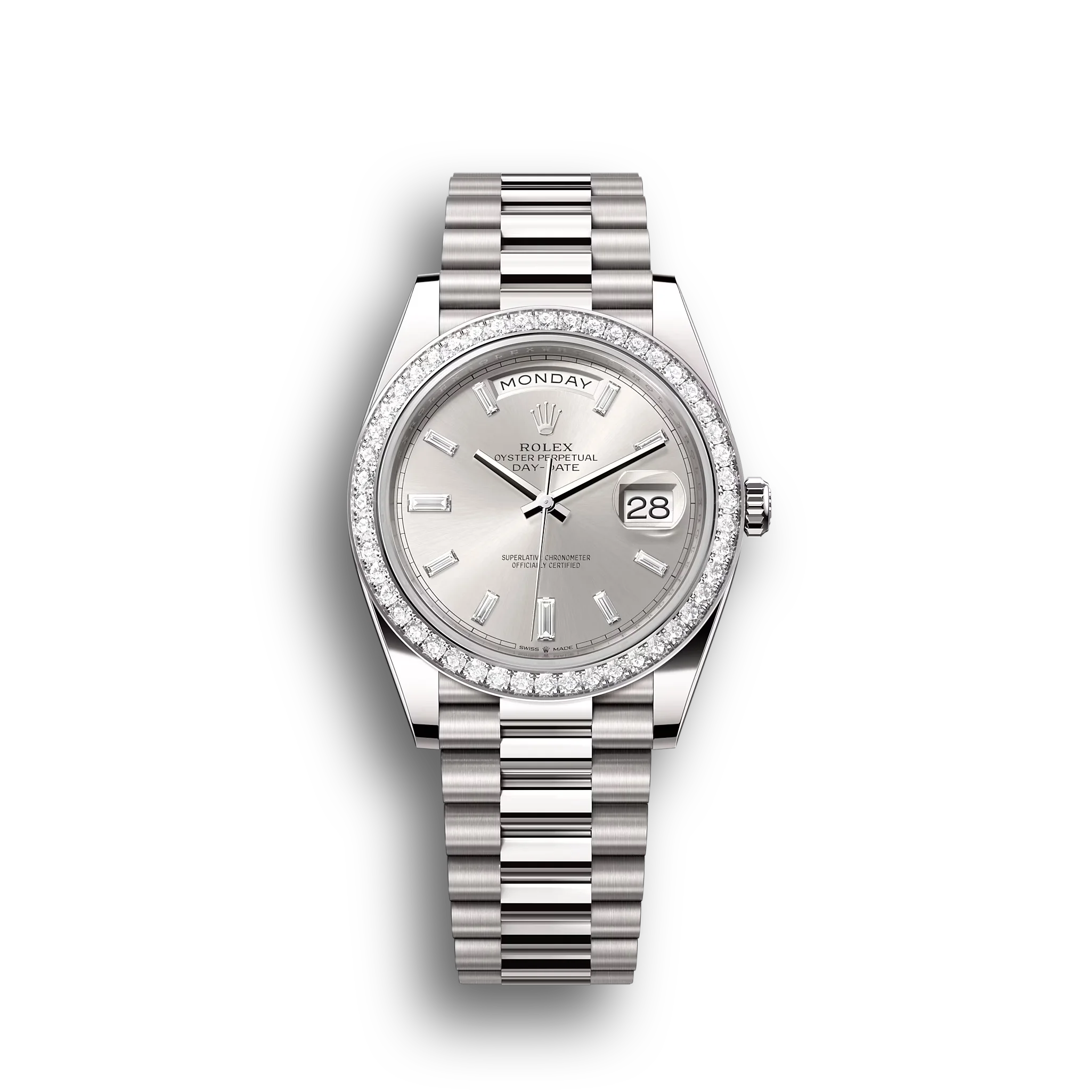 Day-Date: White gold, silver, diamond-set dial, diamond-set bezel, President bracelet, m228349rbr-0001