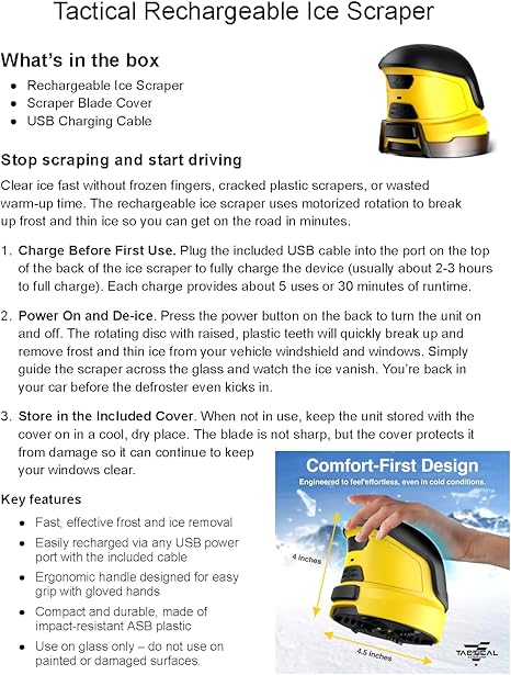 Tactical Electric De-Icer and Ice Scraper Features an electric rotating disc Rechargeable wireless design Scratch-free
