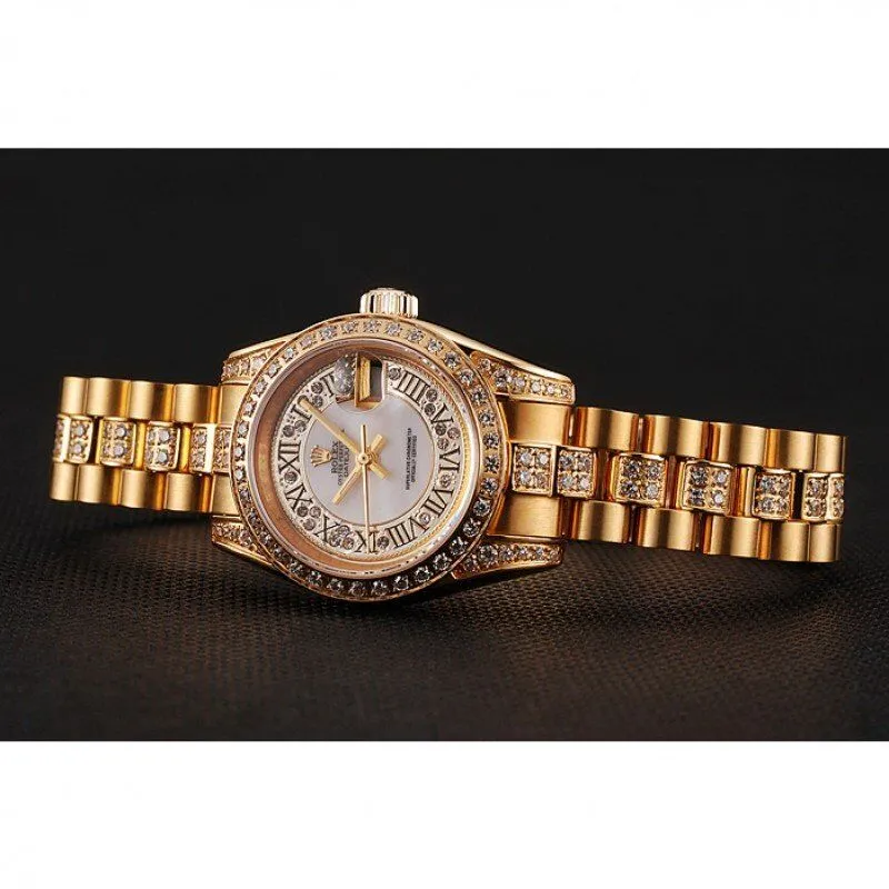 Swiss DayJust Diamond Pave White Dial Gold Diamond Bracelet 1453957