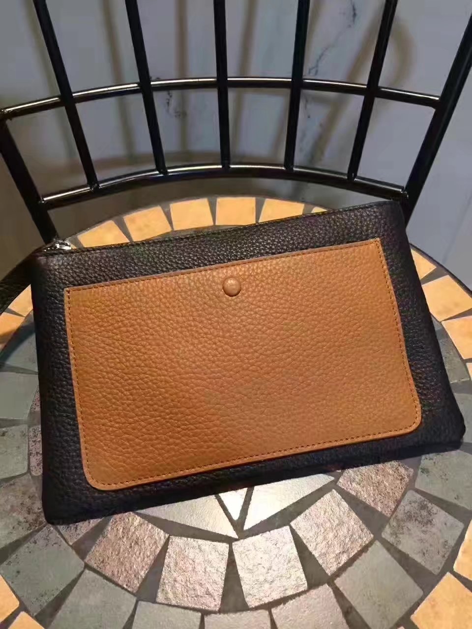 Hermes Leather 24cm Men???��s Pouch Light Coffee and Black
