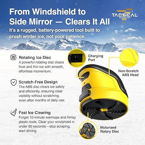 Tactical Electric De-Icer and Ice Scraper Features an electric rotating disc Rechargeable wireless design Scratch-free