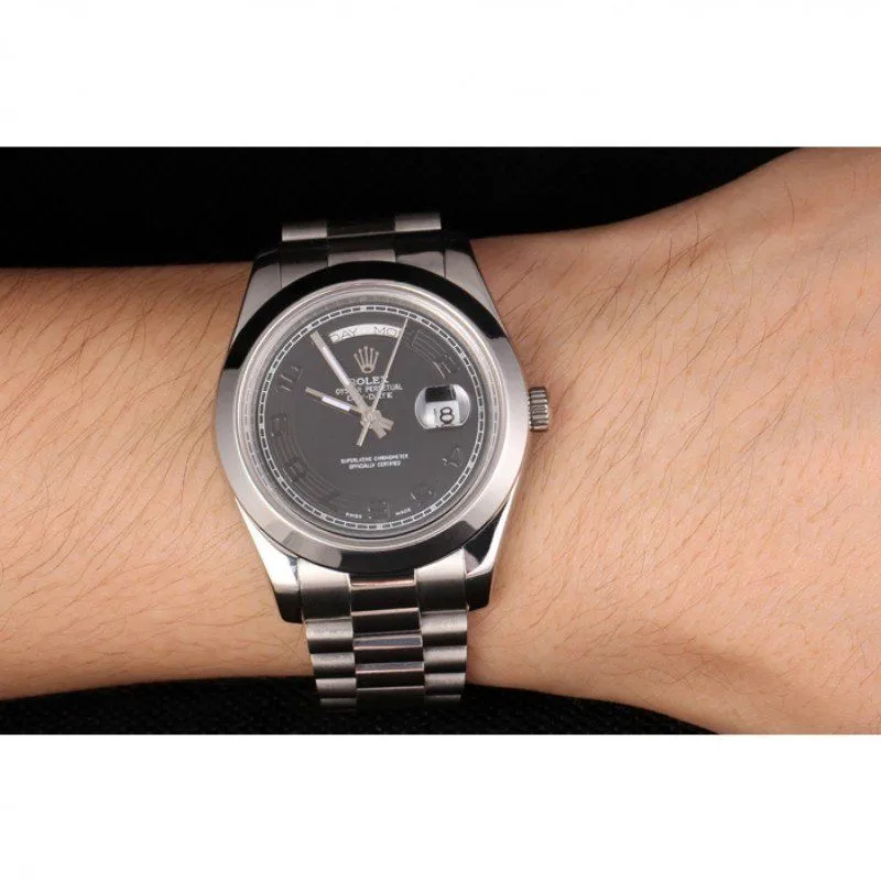 Swiss Day-Date Stainless Steel Bracelet Black Dial 80294