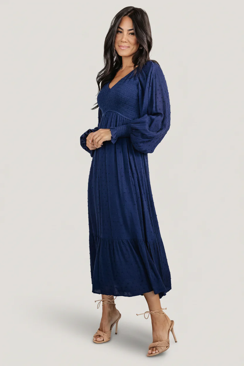 Lainey Smocked Dotted Midi Dress | Midnight Blue