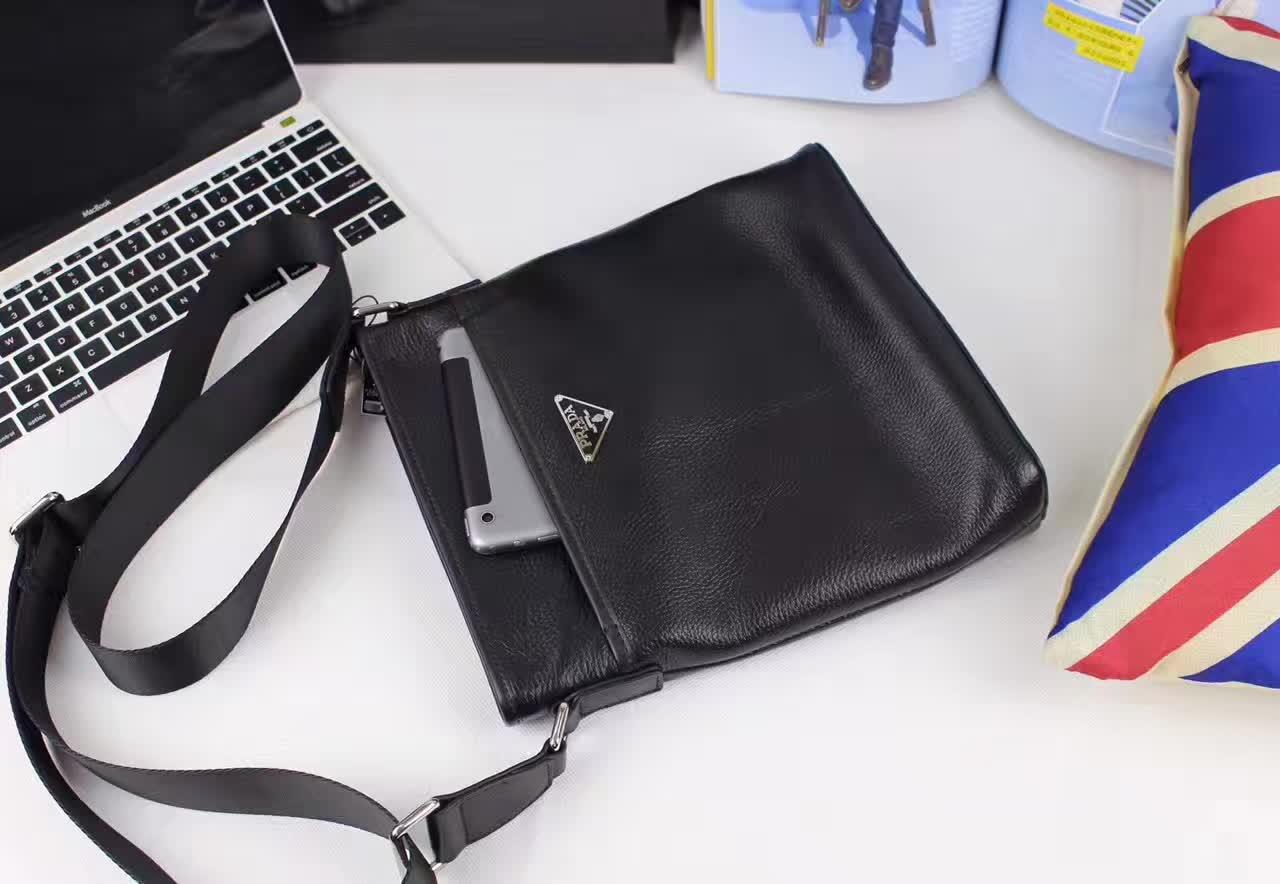 Prada 0242-3B Leather Men Messenger Bag Black