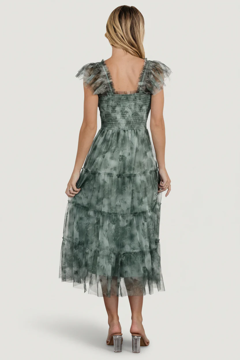 Clementine Tulle Midi Dress | Dusty Green Print