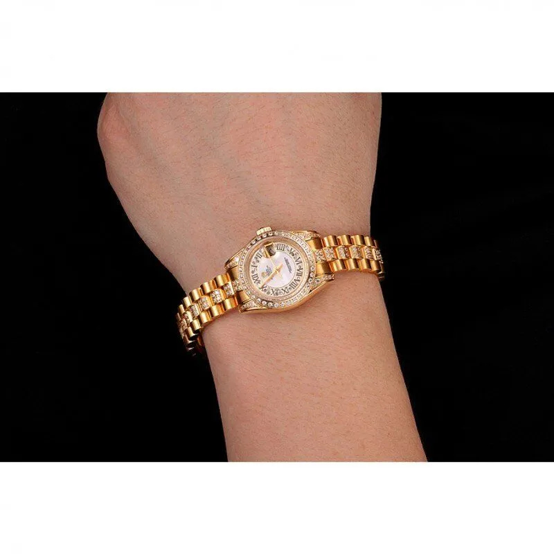 Swiss DayJust Diamond Pave White Dial Gold Diamond Bracelet 1453957