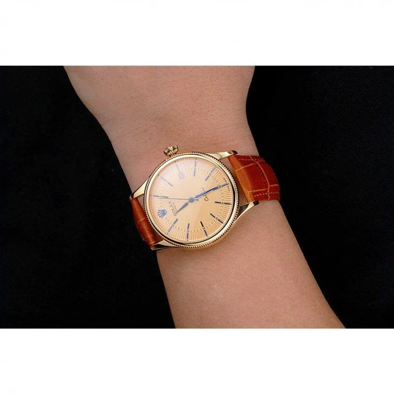 Swiss Cellini Date Gold Guilloche Dial Gold Case Light Brown Leather Strap
