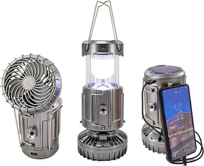 Solar camping lantern with fan, three power options, rechargeable, ideal for power outages, tent camping lantern, essential hurricane emergency camping gear