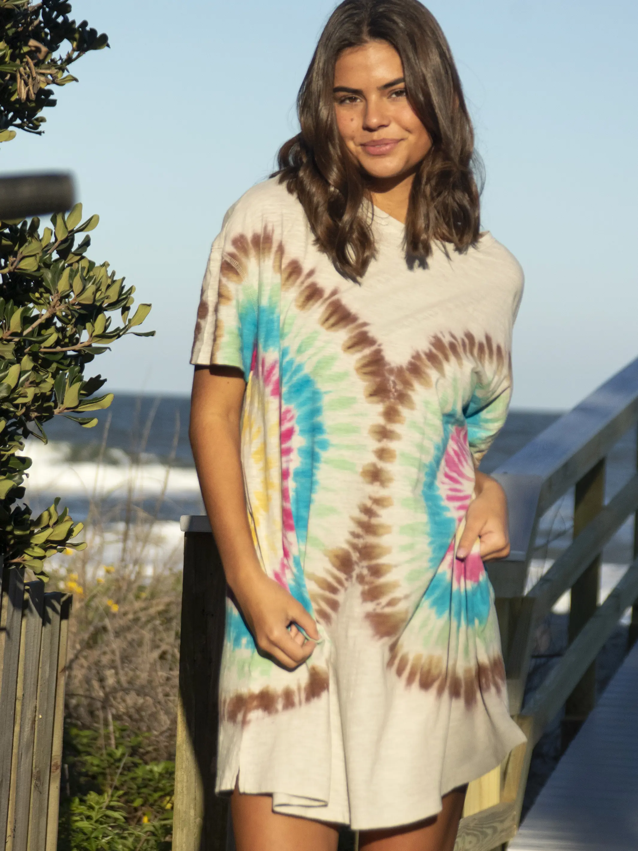 Misty Oversized Cotton Tee Mini Dress - Rainbow Tie-Dye