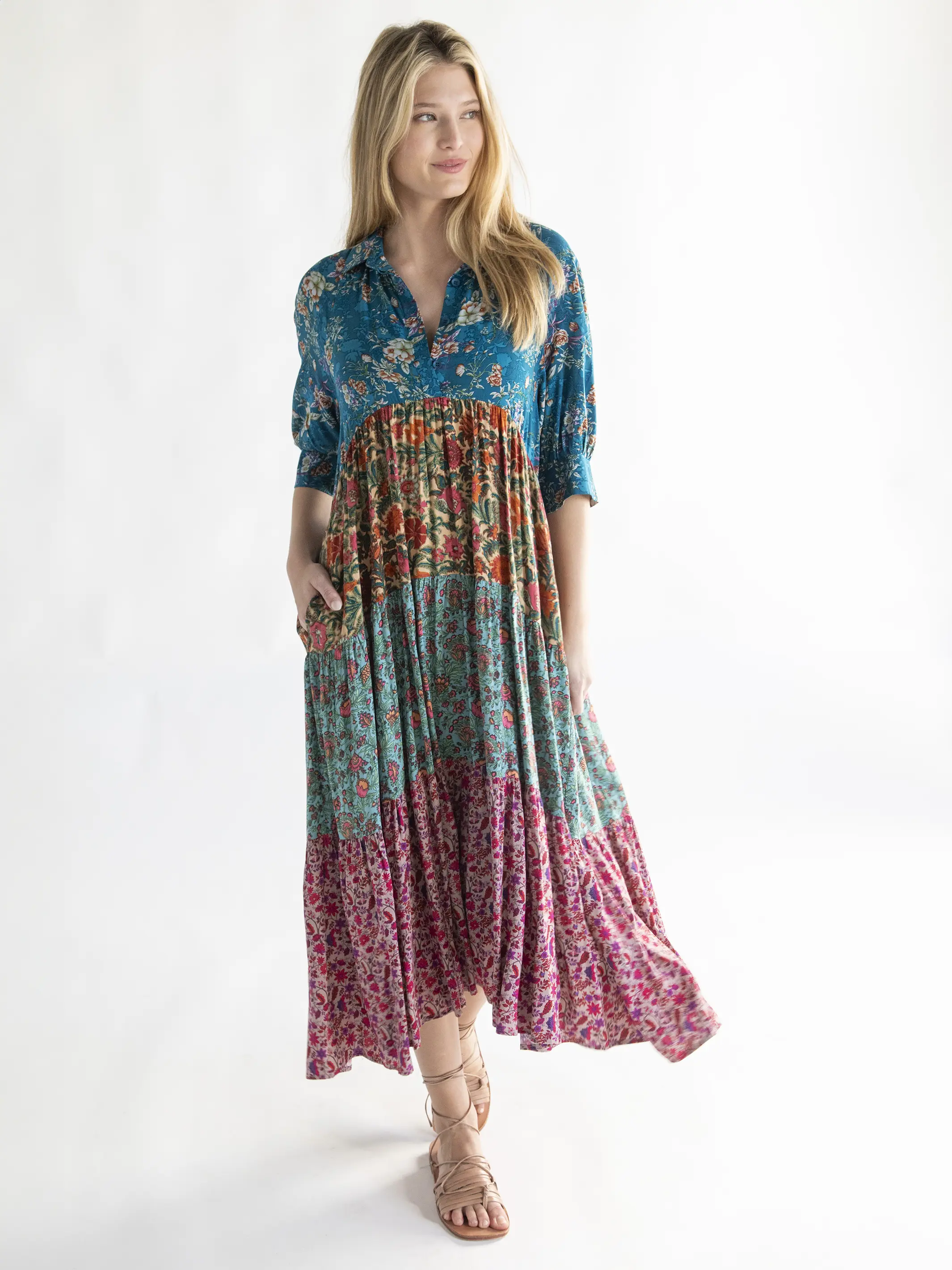 Rebecca Midi Dress - Cream Turquoise Mix