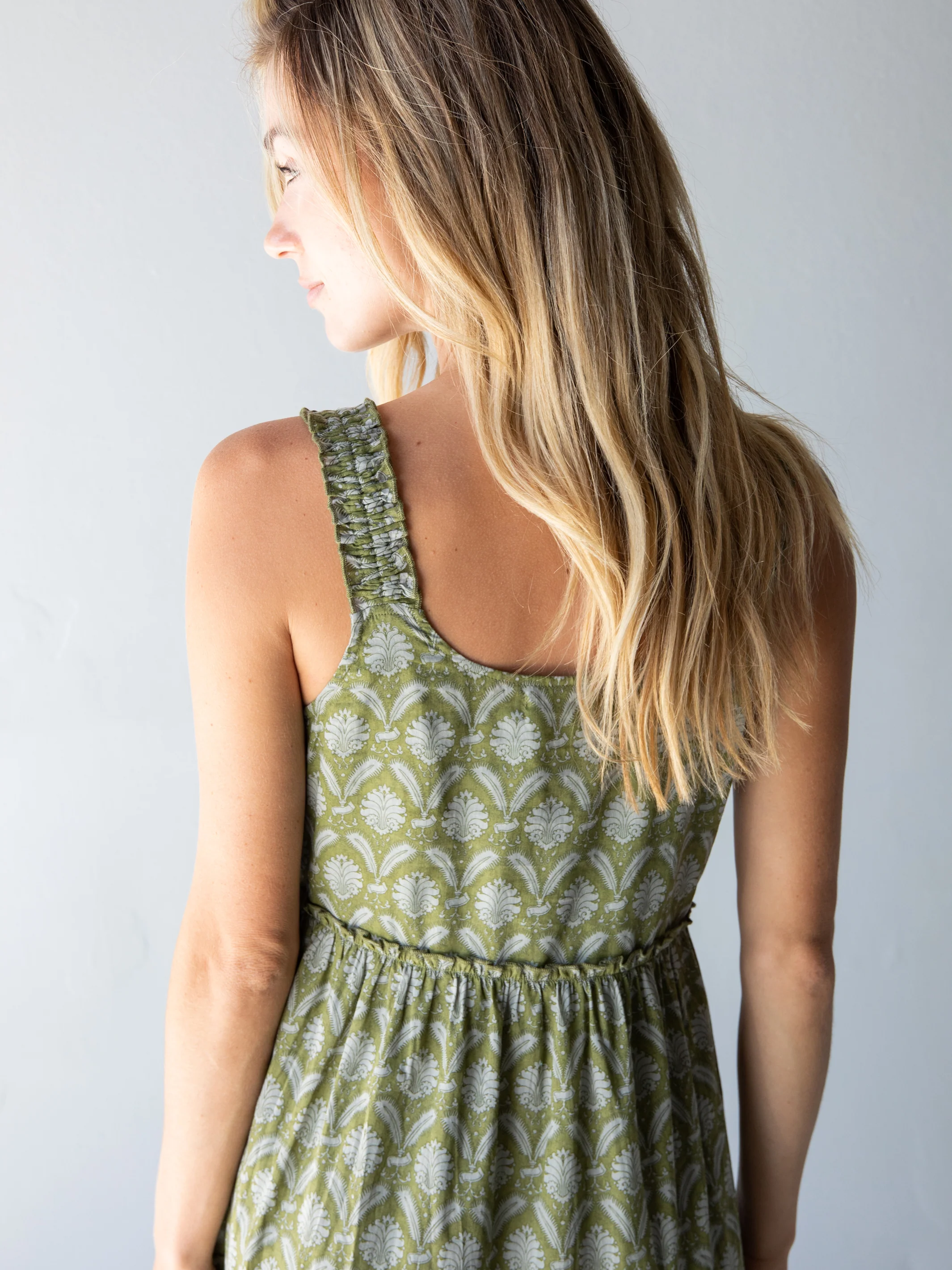 Adele Cotton Midi Dress - Green Floral Palms