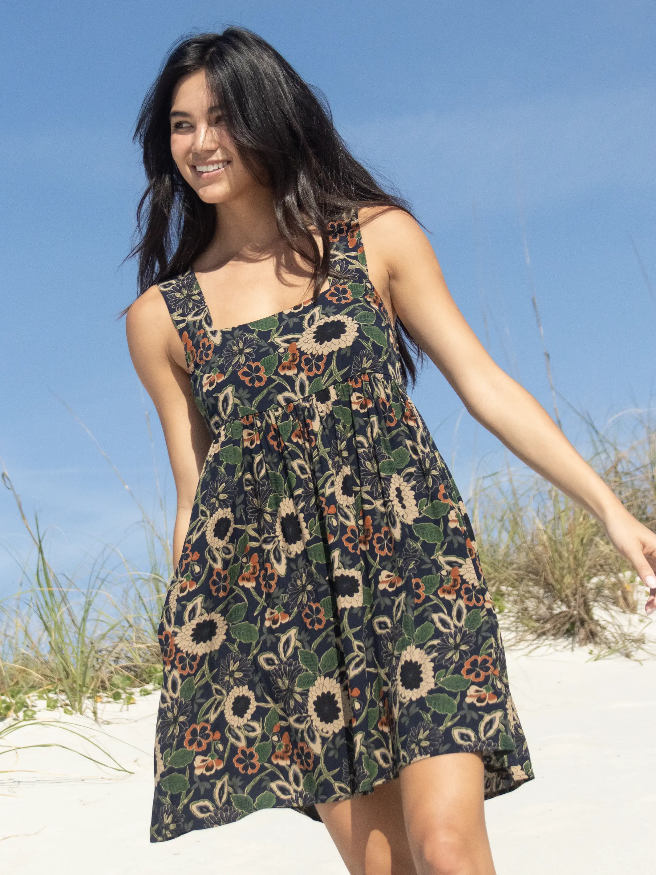 Tricia Mini Dress - Navy Tan Dahlias