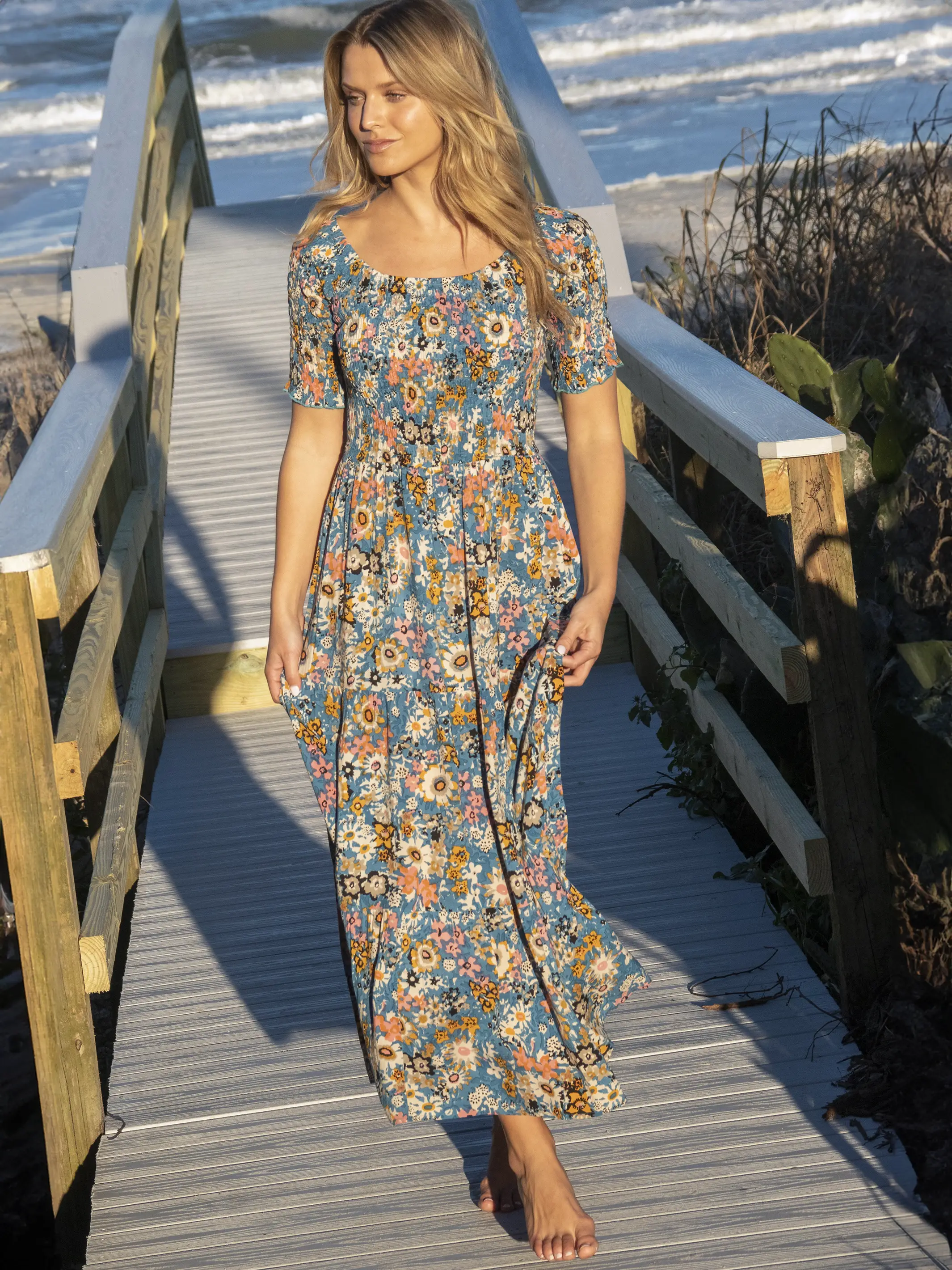 Daisy Tiered Maxi Dress - Blue Tan Floral