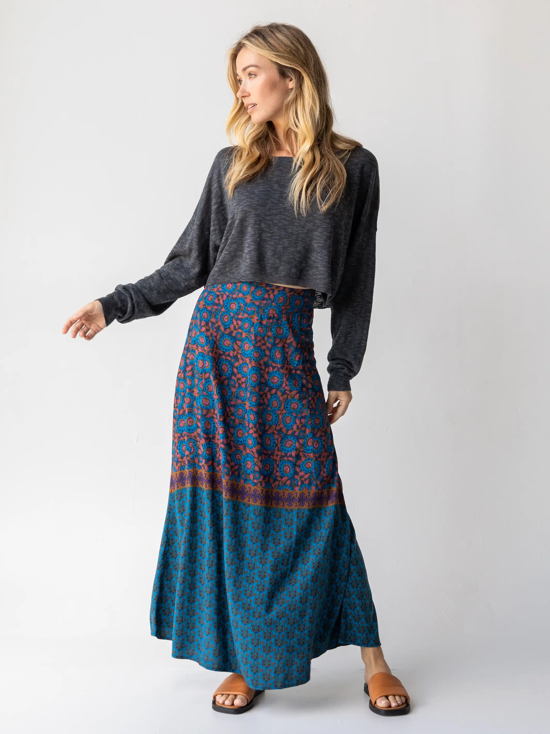 Amy Maxi Skirt - Teal Gold Border