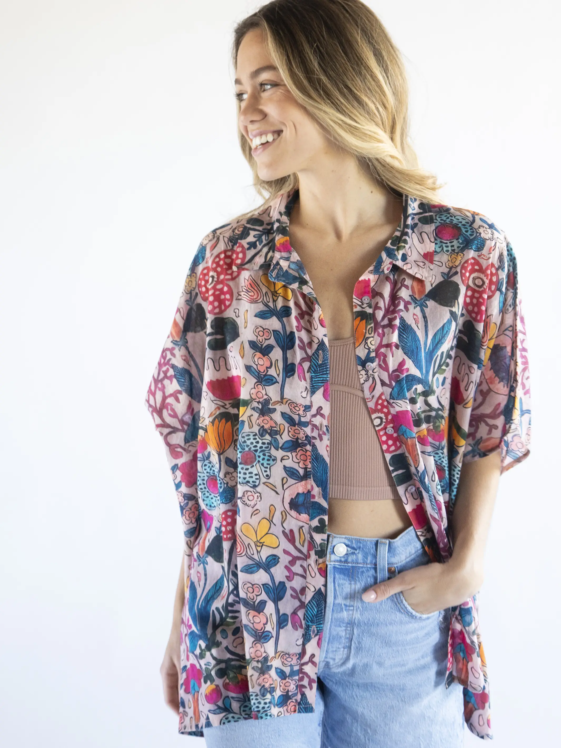 Kelly Oversized Cotton Button Down - Light Pink Multi Floral