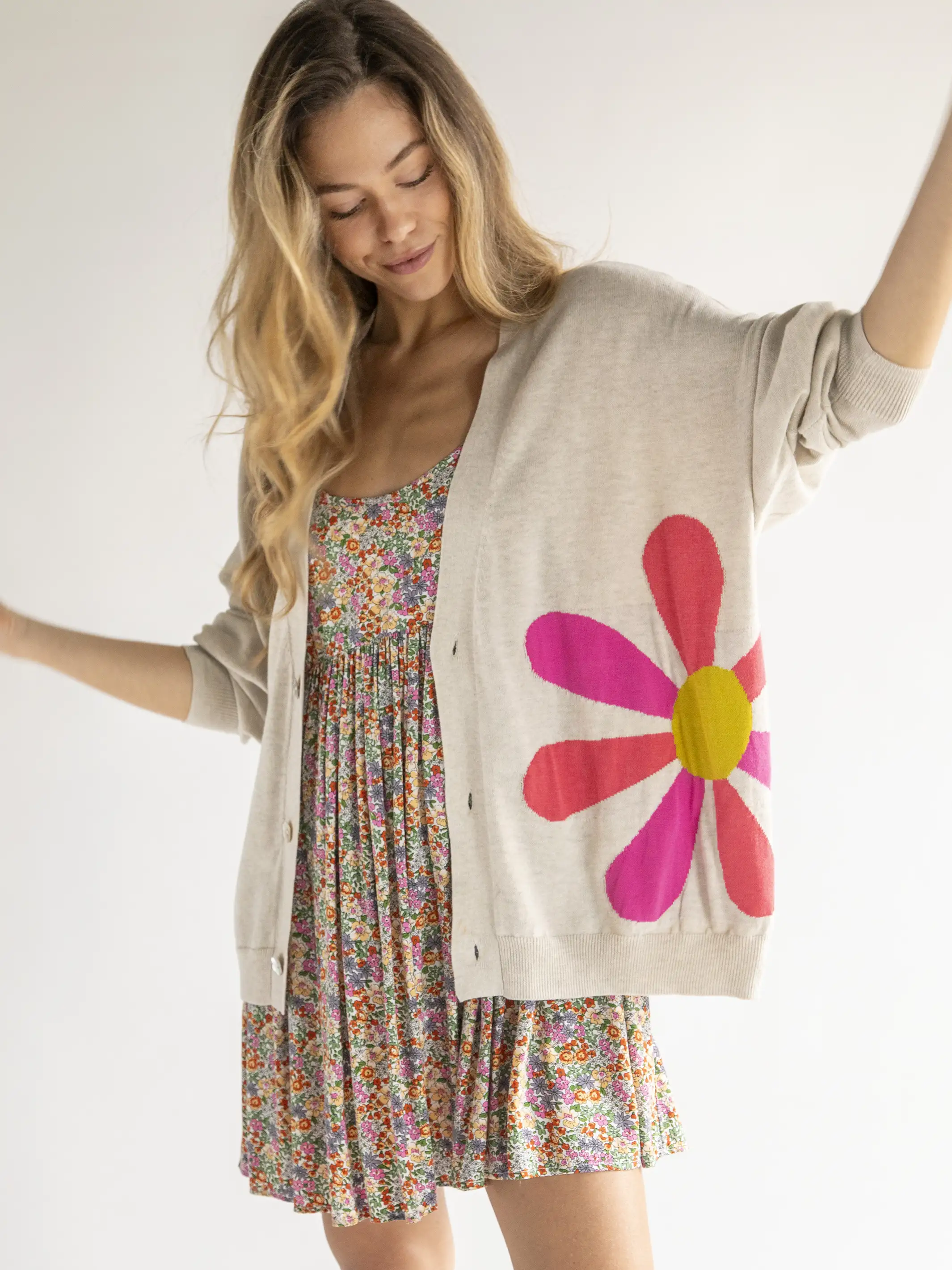 Live Happy Cotton Cardigan Sweater - Cream Daisy