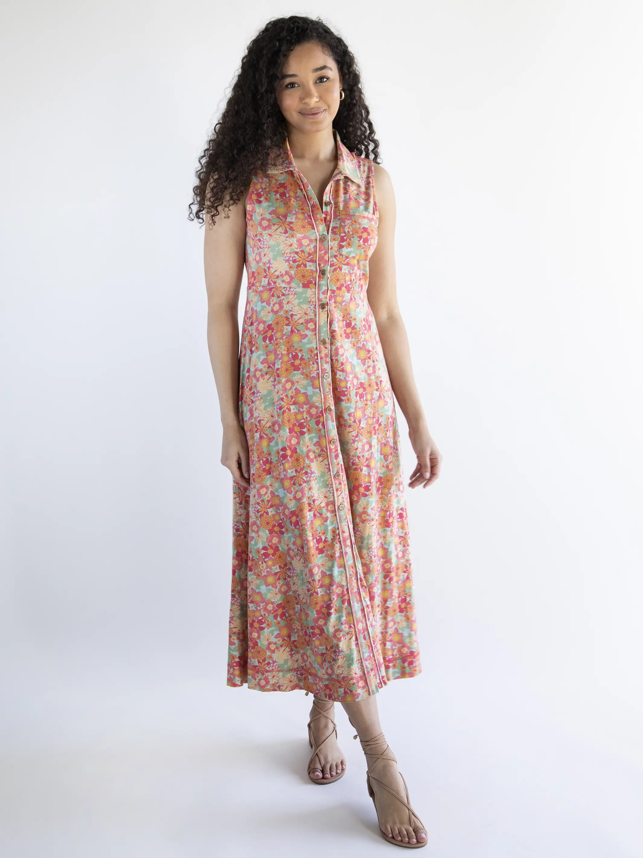 Lauren Cotton Sleeveless Maxi Dress - Pink Red Floral