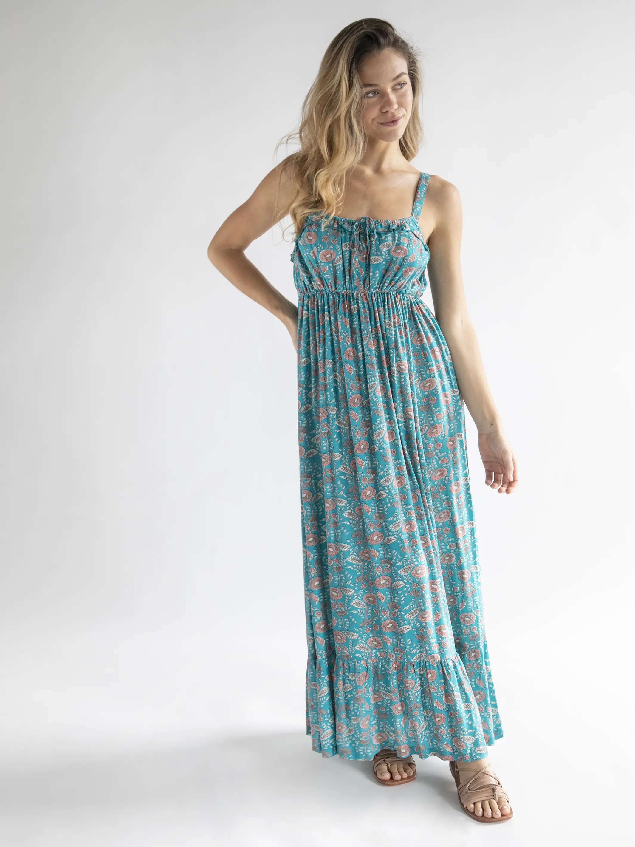 Elizabeth Maxi Dress - Teal Floral Vines