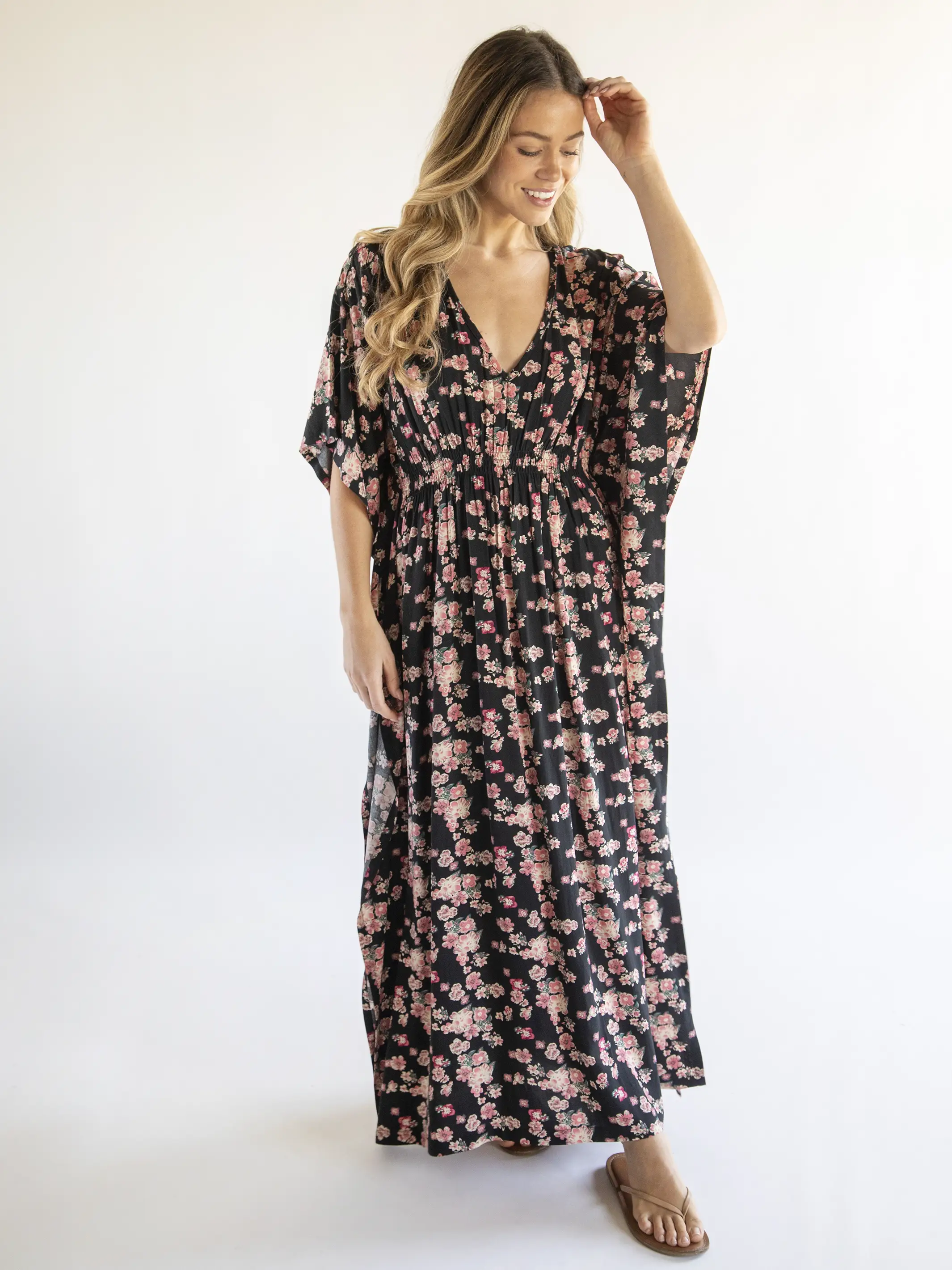 Sanibel Kaftan Maxi Dress - Black Light Pink Floral