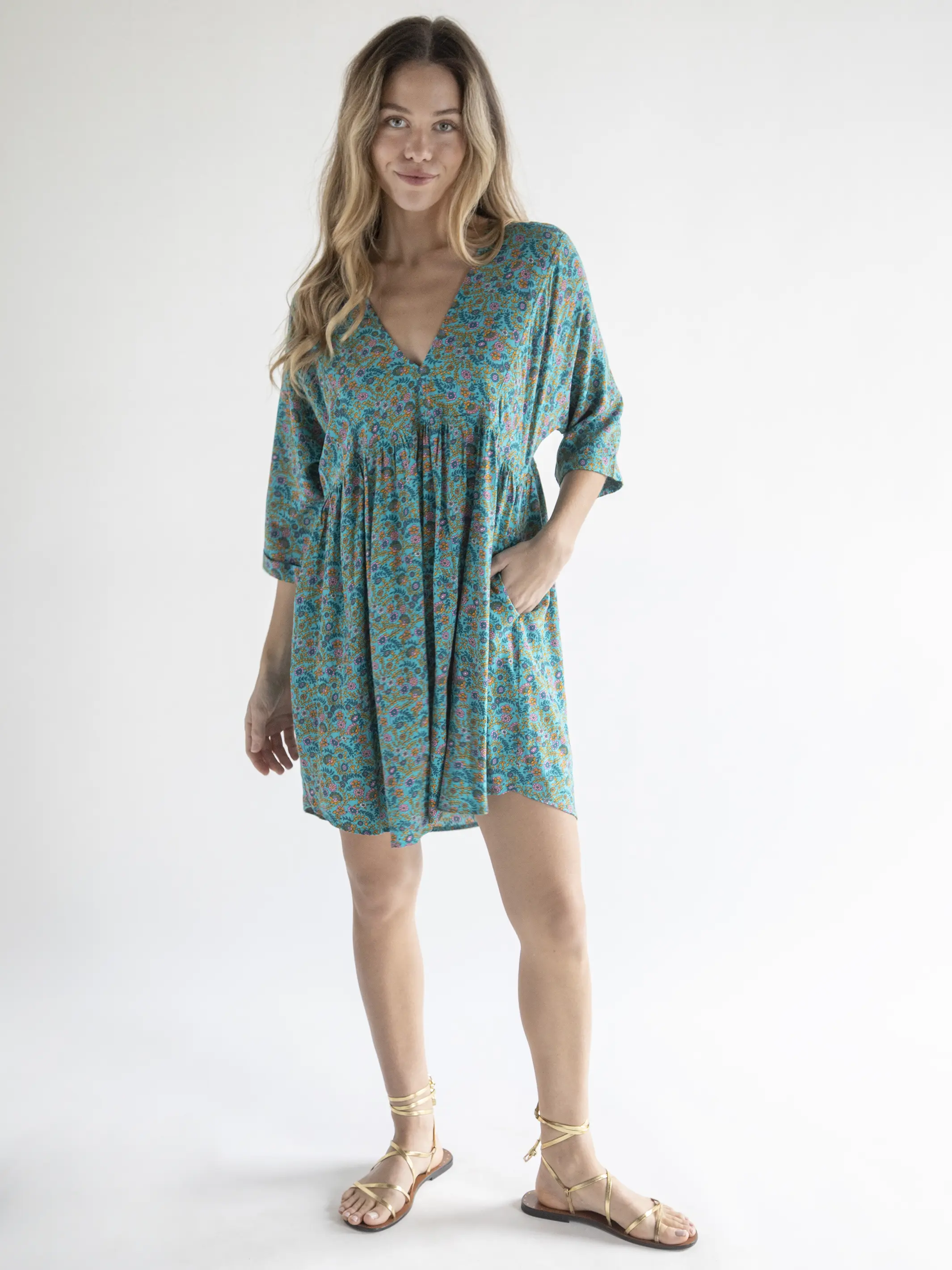 Stella V-Neck Mini Dress - Turquoise Ditsy Vines