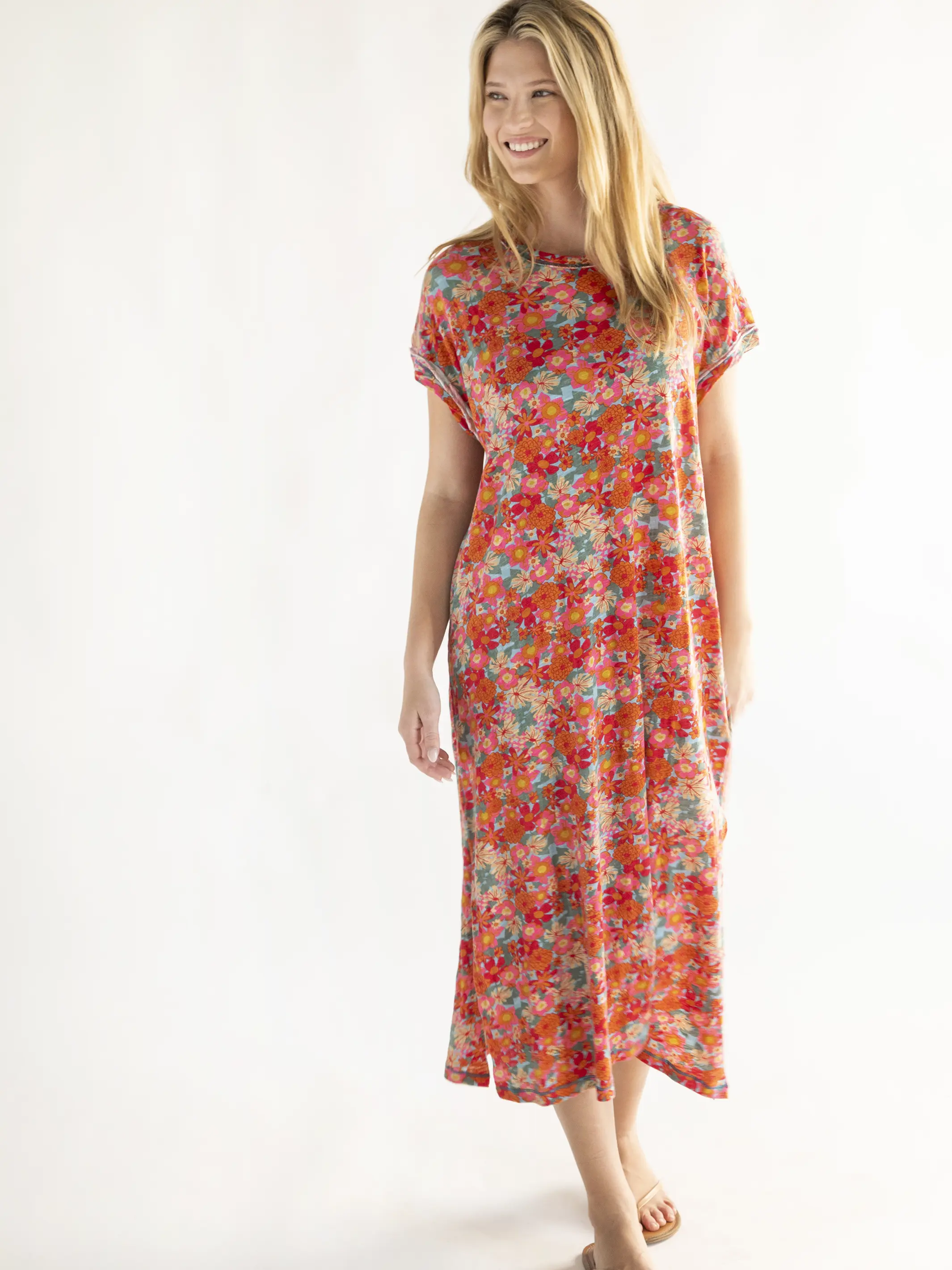 Frankie Knit Tee Midi Dress - Pink Red Floral