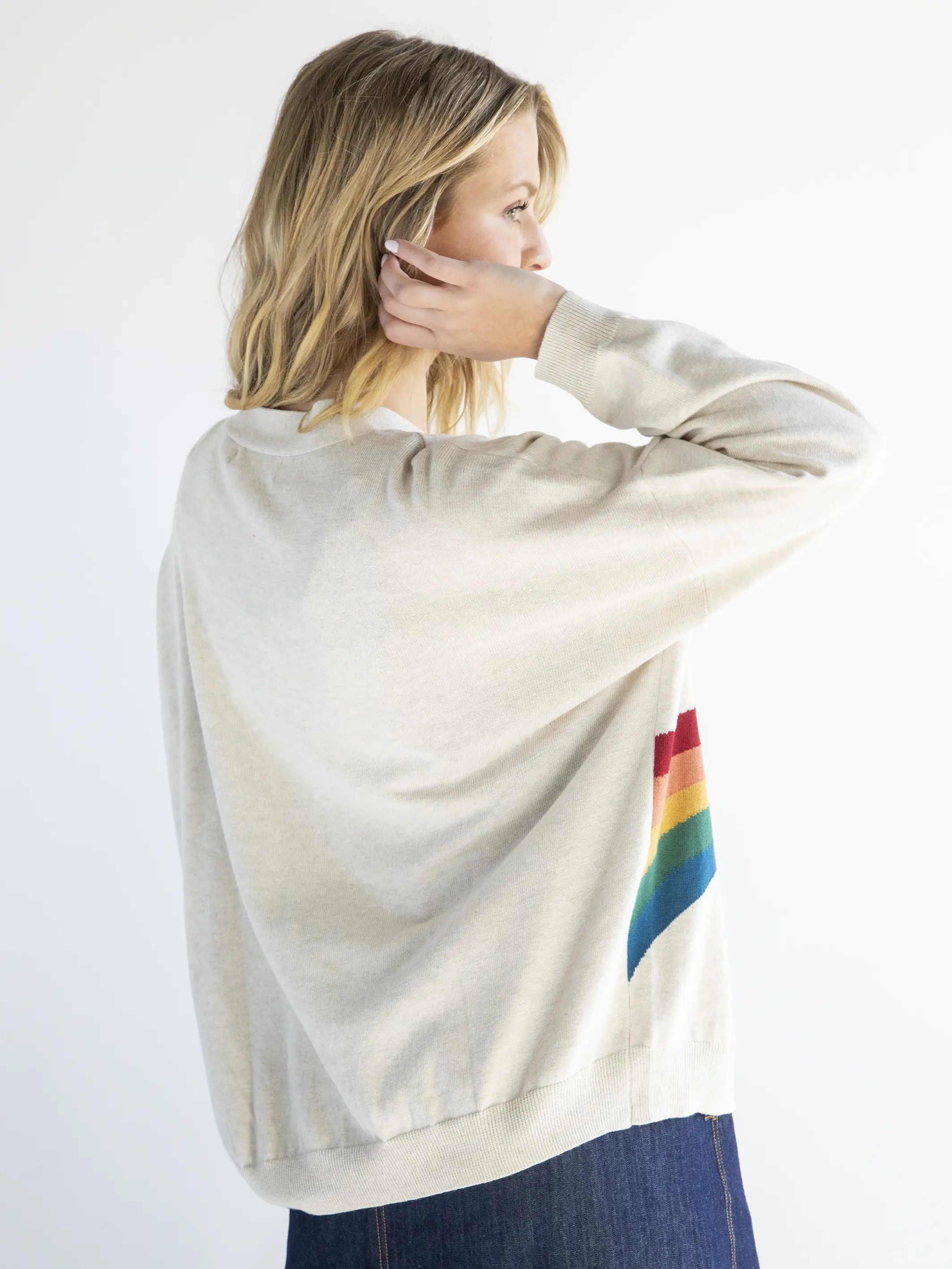 Live Happy Cotton Cardigan Sweater - Cream Rainbow