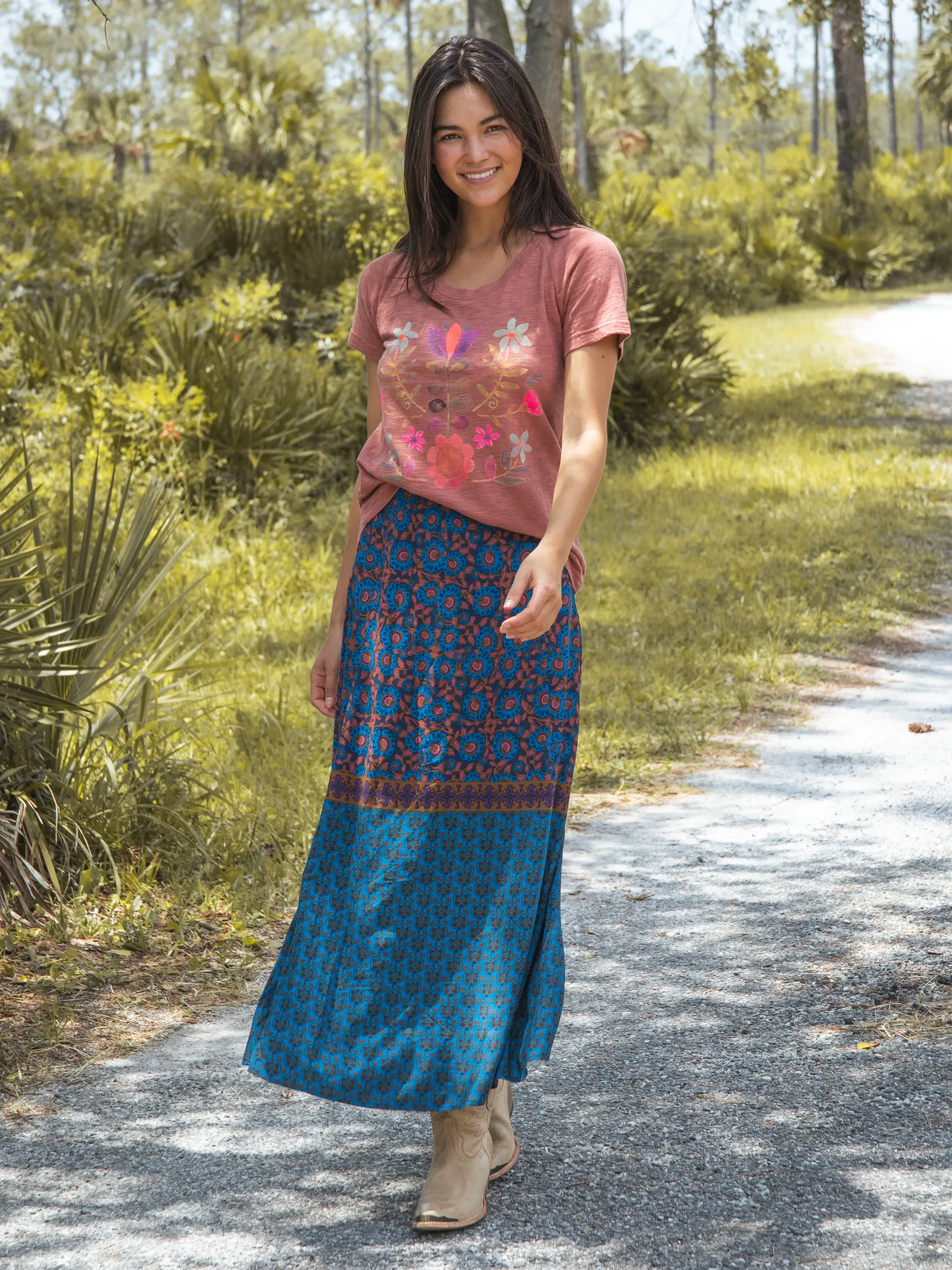 Amy Maxi Skirt - Teal Gold Border
