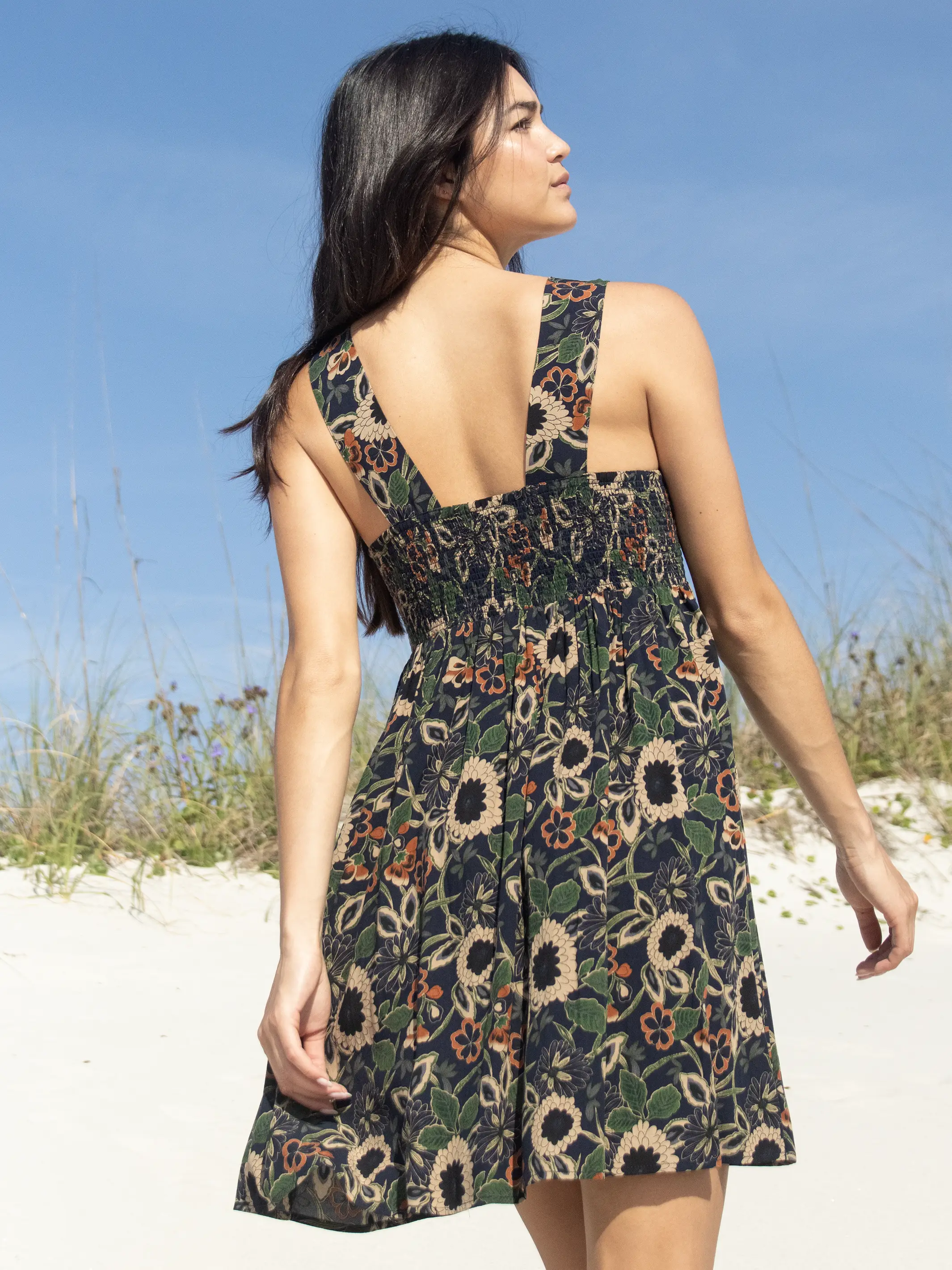 Tricia Mini Dress - Navy Tan Dahlias