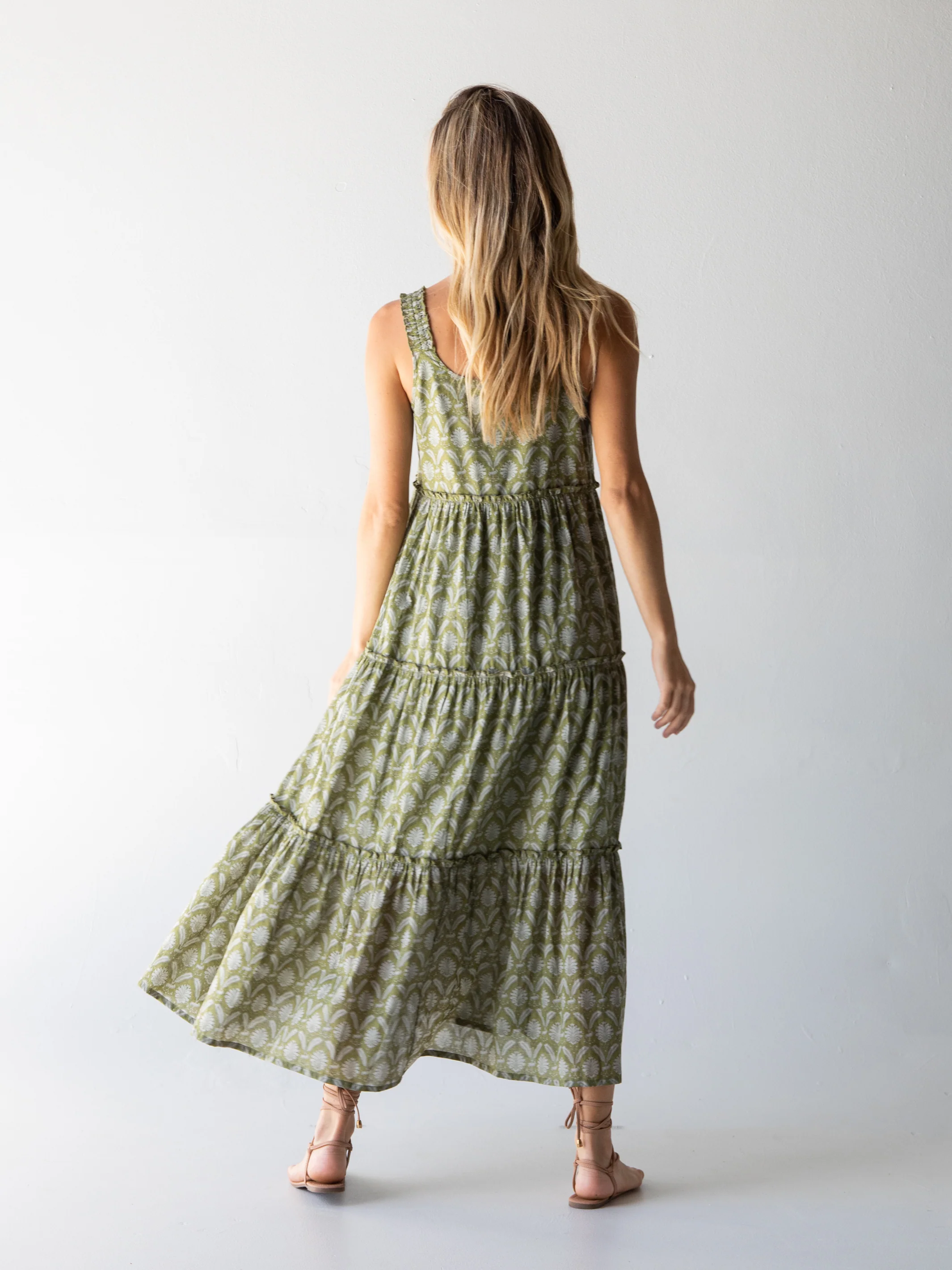 Adele Cotton Midi Dress - Green Floral Palms