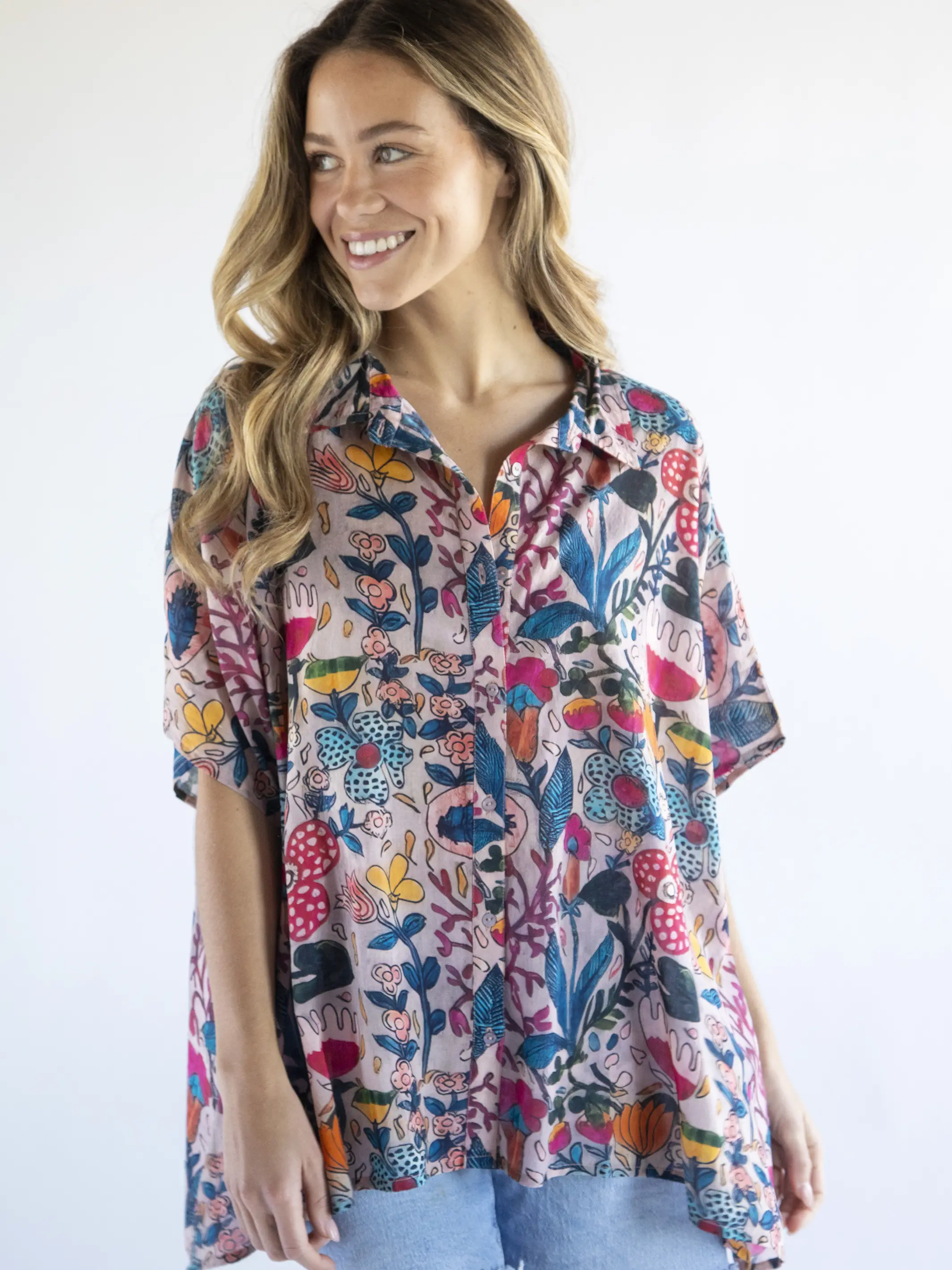Kelly Oversized Cotton Button Down - Light Pink Multi Floral