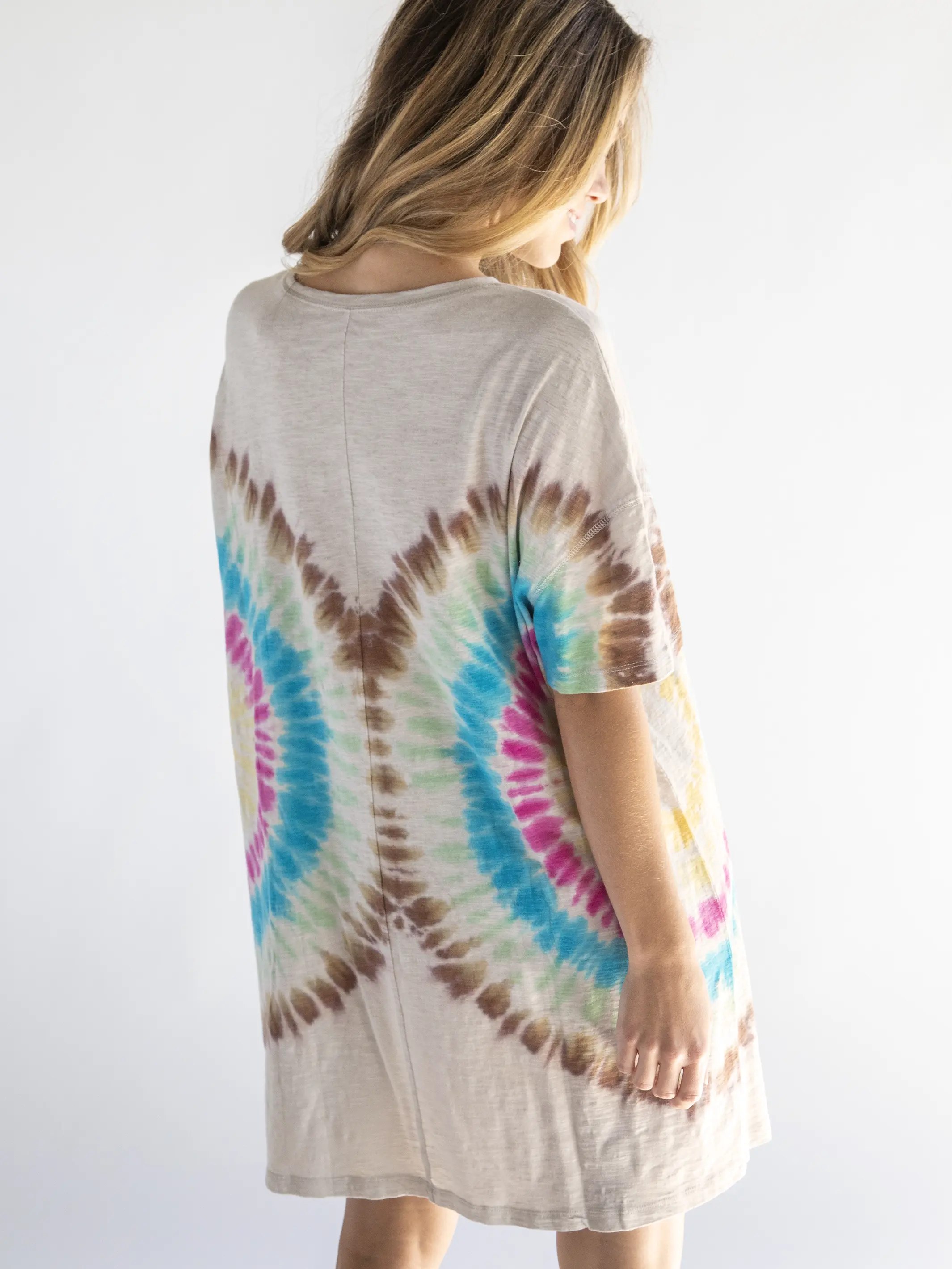 Misty Oversized Cotton Tee Mini Dress - Rainbow Tie-Dye