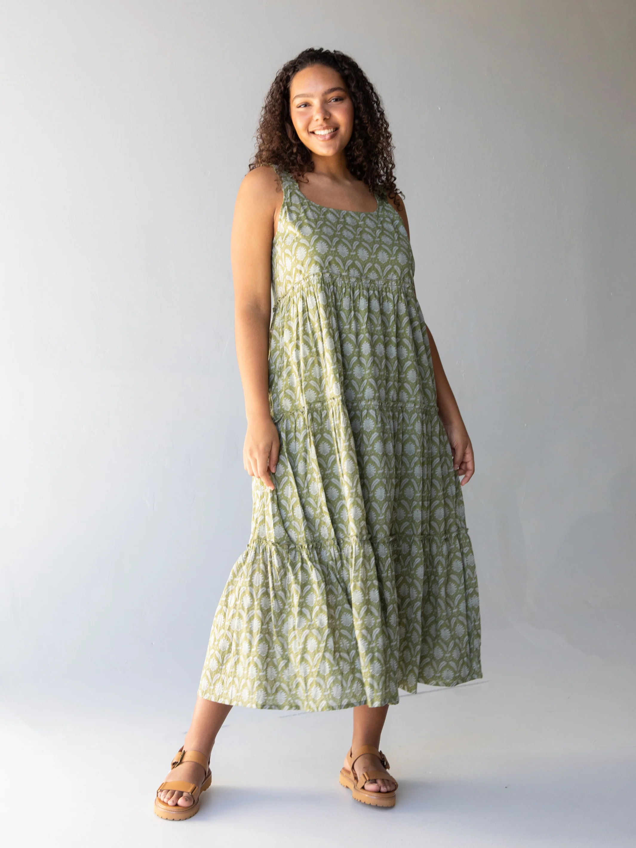 Adele Cotton Midi Dress - Green Floral Palms