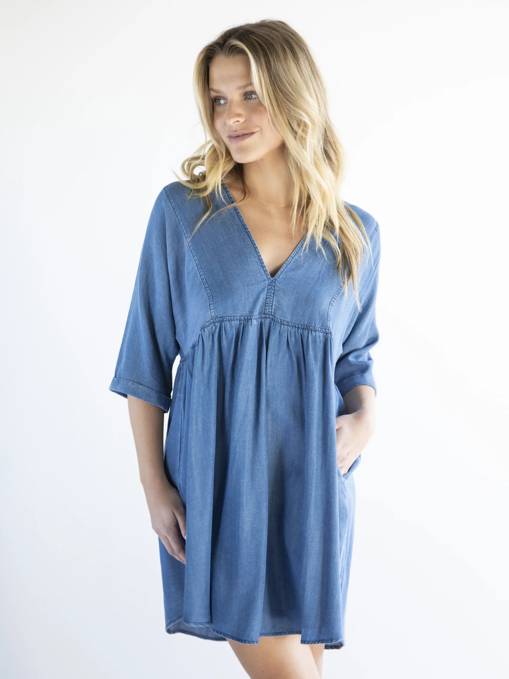 Stella V-Neck Mini Dress - Denim Blue