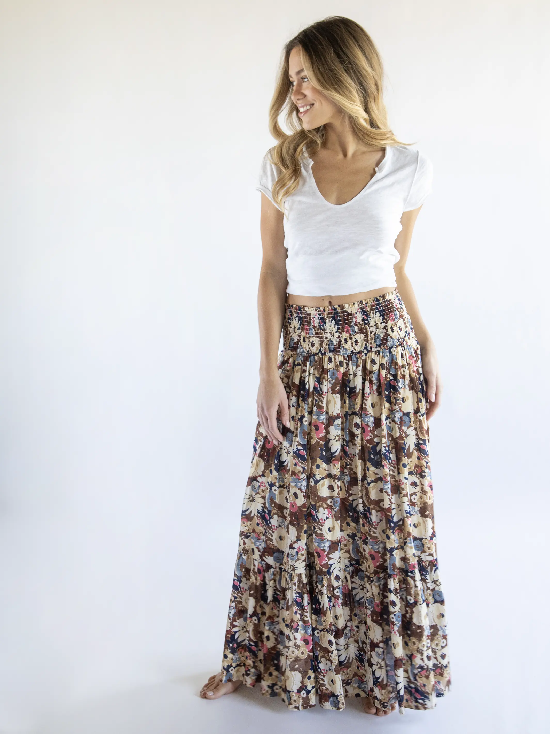 Flora Cotton Convertible Skirt - Brown Navy Floral