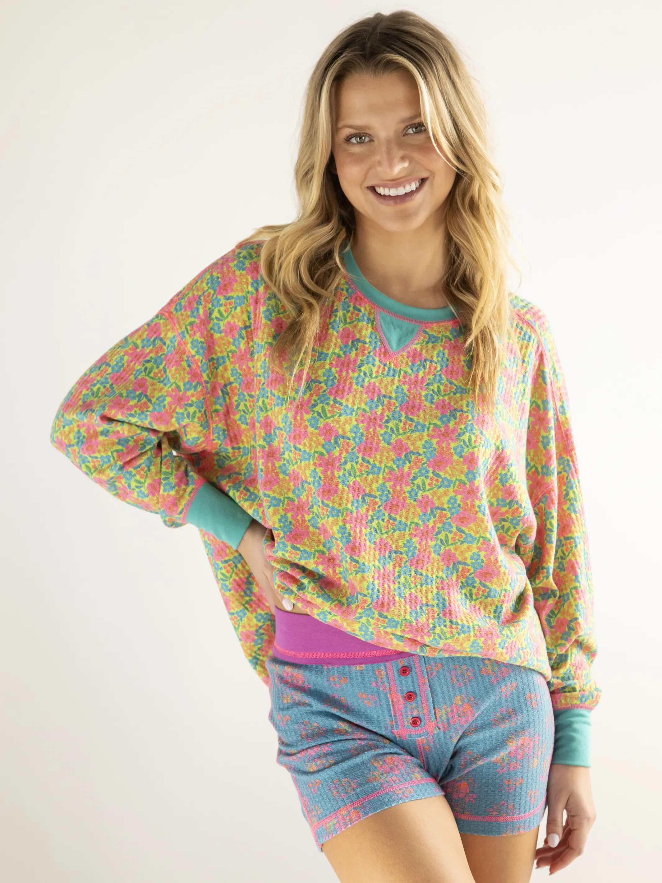 Mix & Match Waffle Boy Shorts - Turquoise Pink Floral