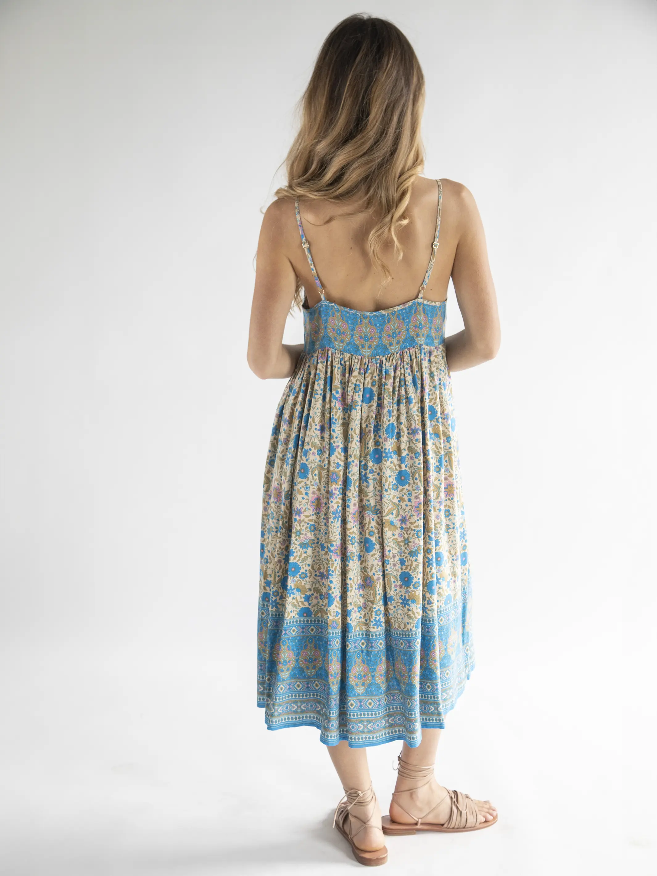 Gigi Midi Dress - Tan Blue Border