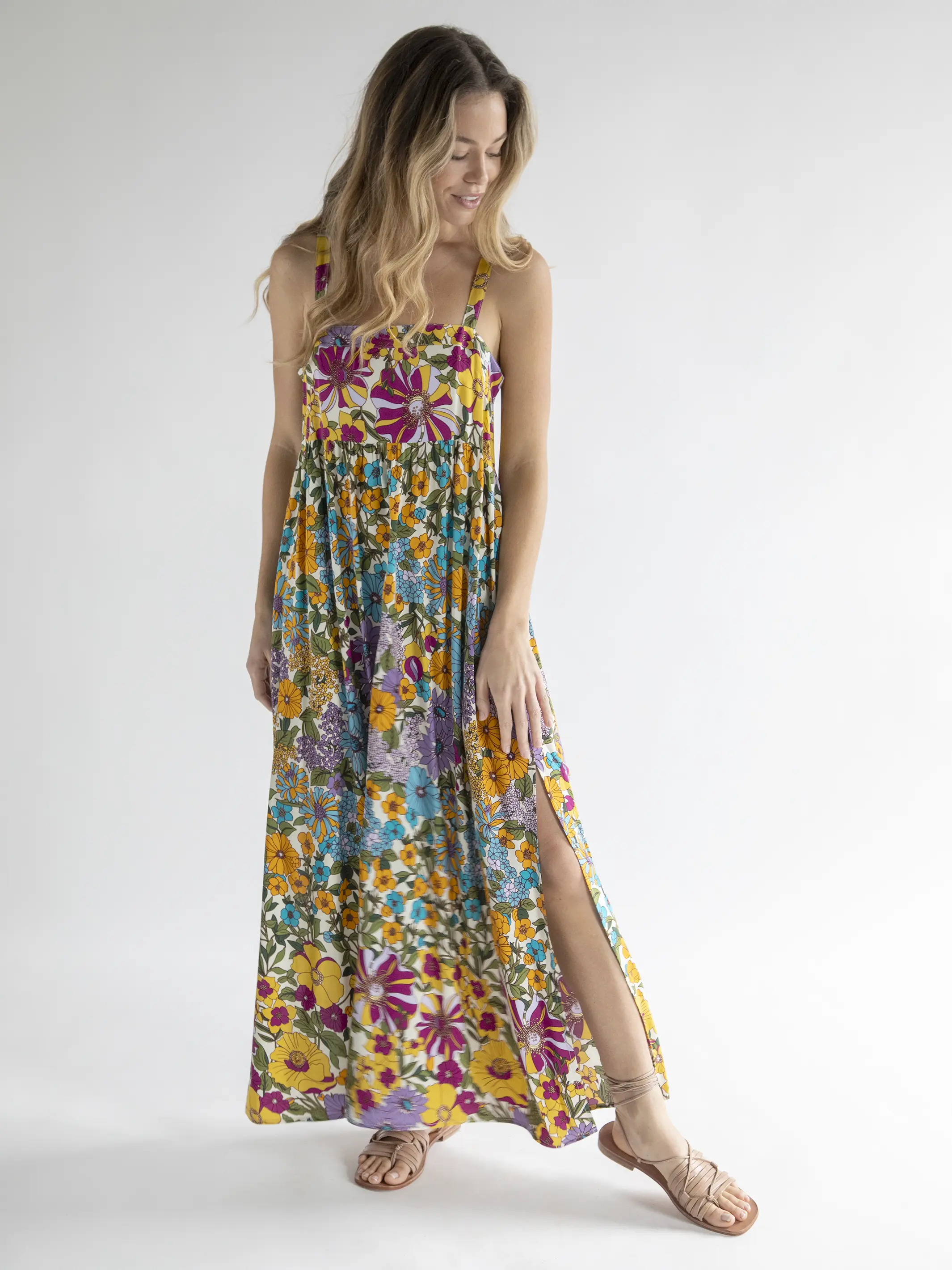 Patti Side Slit Maxi Dress - Ivory Blue Floral