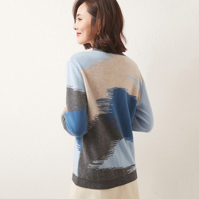 100% Merino Wool Women Sweater Jumpers Autumn Wool Knitted Sweater Winter Warm Sweaters Pullover Print Pullover O-neck