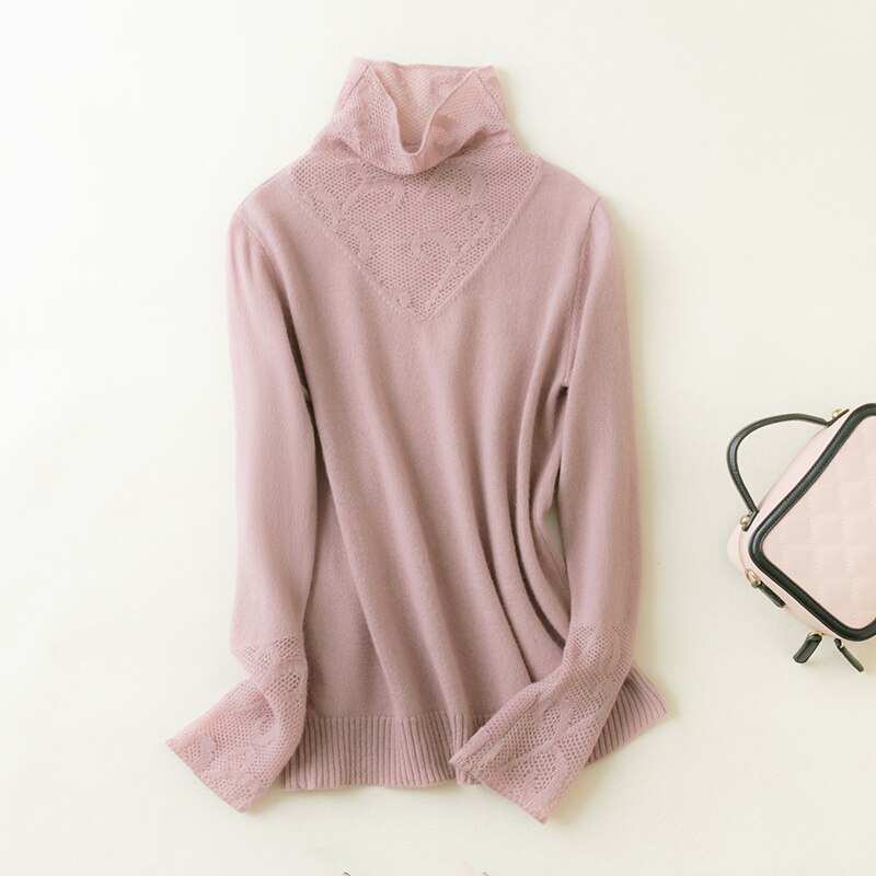 100% Merino Wool Women Sweater Turtleneck Winter Wool Knit Sweater Jumpers Autumn Woman Sweaters Pullover Lace Knit Top