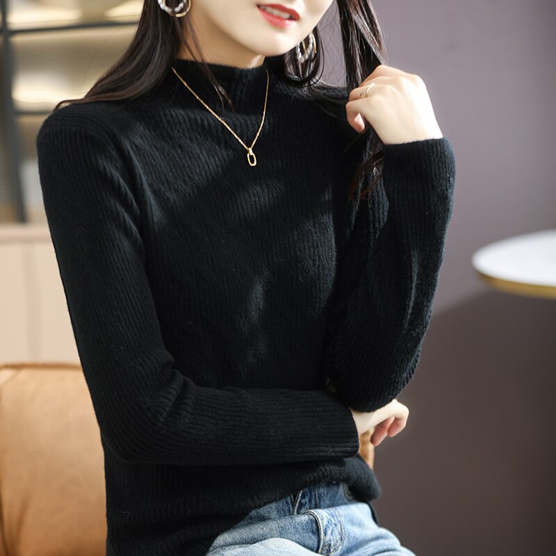 Women Turtleneck Sweater 100% Merino Wool Pullover Winter Knitted Sweater Jumpers Woman Jersey Knit Top Long Sleeve Y2K